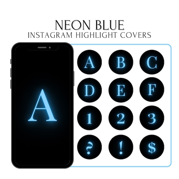 Instagram Letters Highlight Covers, Neon Blue Letter Highlights, Alphabet PNG, IG Highlight Covers, Highlight Covers for Instagram Icons
