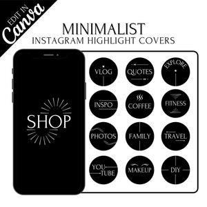 May include: Black and white minimalist Instagram highlight covers with text including "Shop", "Vlog", "Quotes", "Inspo", "Coffee", "Fitness", "Photos", "Family", "Travel", "You-Tube", "Makeup", and "DIY".