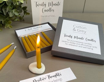 Cotton & Grey 'Twenty Minute Candles' - Ten pure beeswax candles, ceramic holder and affirmation cards for relaxation and well-being