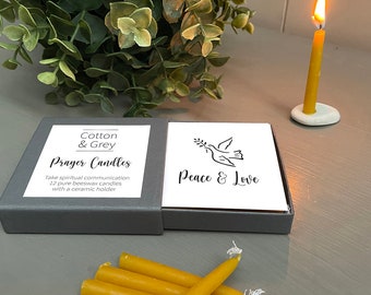 Mini Prayer Candles by Cotton & Grey - 12 pure beeswax candles and a ceramic holder. Light a Candle and take spiritual communication