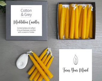 Mini Meditation Candles by Cotton & Grey - 12 pure beeswax candles and a ceramic holder. Reach heightened levels of spiritual awareness