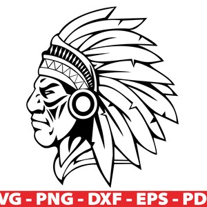 May include: Black and white line art illustration of a Native American man wearing a headdress with feathers. The man is looking to the side and has a serious expression on his face.
