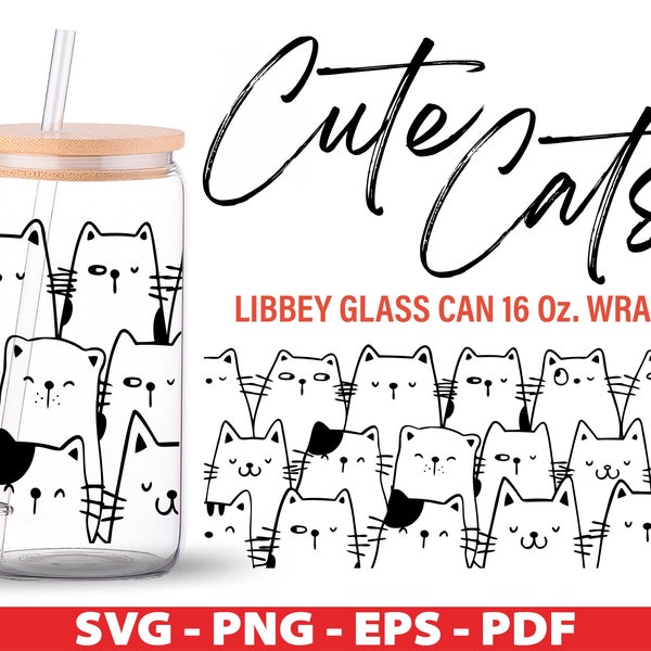 Cute Cats SVG Libbey 16oz Can Glass Wrap, Cute Cats 16oz Glass Beer Can Cut Files, Dxf Eps Png, Cricut, Silhouette