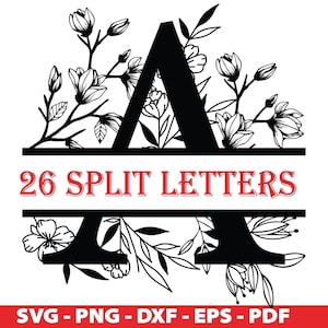 Monograma dividido floral Svg, clipart de monograma de flor, gráfico de letras florais, arquivos Svg de fonte Cricut, letras do alfabeto divididas de monograma de nome Svg