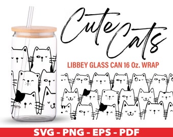 Słodkie koty SVG Libbey 16oz puszka szklana folia, Słodkie koty 16oz szklana puszka piwa pliki do cięcia, Dxf Eps Png, Cricut, sylwetka