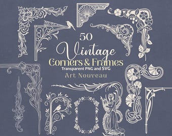 Vintage Corners and Frames SVG Bundle, Art Nouveau Borders PNG, Decorative Ornamental Invitation Frame Clipart