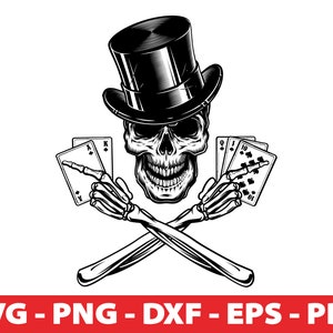 Schädel Spieler SVG, Royal Flush Clipart, Spielkarten Dekor, Skelett Spieler Clipart, Tattoo Knochen Clown SVG, PNG, Vektordatei