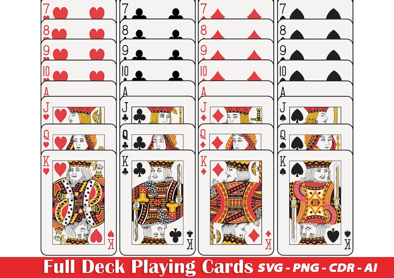 May include: A full deck of playing cards with standard suits and face cards. The cards are arranged in four columns, with each column representing a suit: hearts, clubs, diamonds, and spades. The cards are numbered from 7 to 10, followed by Jack, Queen, King, and Ace.