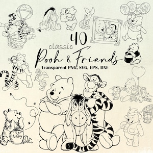 May include: Black and white illustrations of Winnie the Pooh and friends. The image includes Pooh, Tigger, Eeyore, Piglet, and other characters. Text reads "40 classic Pooh & Friends" and "Transparent PNG, SVG, EPS, DXF."