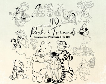 May include: Black and white illustrations of Winnie the Pooh and friends. The image includes Pooh, Tigger, Eeyore, Piglet, and other characters. Text reads "40 classic Pooh & Friends" and "Transparent PNG, SVG, EPS, DXF."