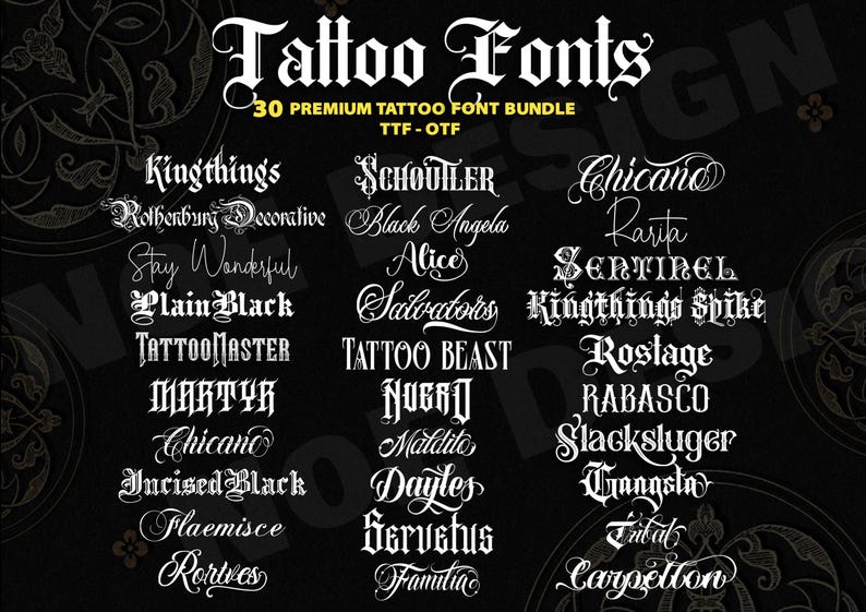 30 Premium Tattoo Fonts Bundle, Procreate Font, Custom Tattoo Designs, Black Letter Calligraphy, Photoshop Font, Cricut Tattoo Lettering image 2