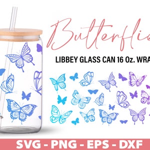Schmetterling Libbey 16 Unzen kann Glas SVG, Schmetterlinge 16 Unzen Glas Bier kann geschnitten Dateien, digitale Dateien Dxf Eps Png, Cricut, Silhouette