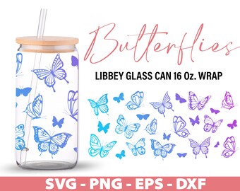 Papillon Libbey 16 oz peut verre Svg, papillons 16 oz verre bière peut couper des fichiers, fichiers numériques Dxf Eps Png, Cricut, Silhouette