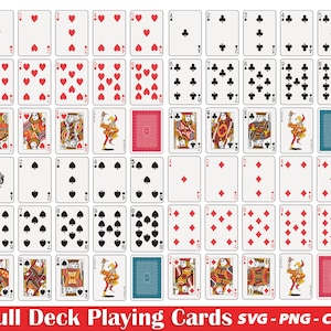 May include: A full deck of playing cards with standard suits and face cards. The cards are arranged in rows and columns, with the back of each card facing the viewer. The cards are white with red and black suits.