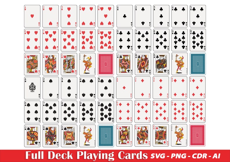 May include: A full deck of playing cards with standard suits and face cards. The cards are arranged in rows and columns, with the back of each card facing the viewer. The cards are white with red and black suits.