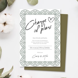May include: A white card with a green lace border and the text "Change of plans" in black script. The card includes the new wedding date, October 18th, 2026, and the names Casey & Mike. The card is placed on a green envelope.