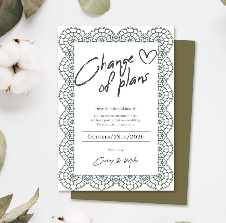 May include: A white card with a green lace border and the text "Change of plans" in black script. The card includes the new wedding date, October 18th, 2026, and the names Casey & Mike. The card is placed on a green envelope.