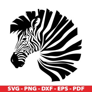 May include: Black and white silhouette of a zebra head with stripes. The zebra's head is facing left and the stripes are arranged in a fan shape.