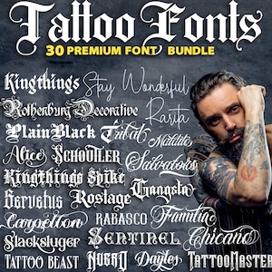 Lot de 30 polices de caractères pour tatouage premium, police Procreate, motifs de tatouage personnalisés, calligraphie lettres noires, police de caractères Photoshop, lettrage tatouage Cricut