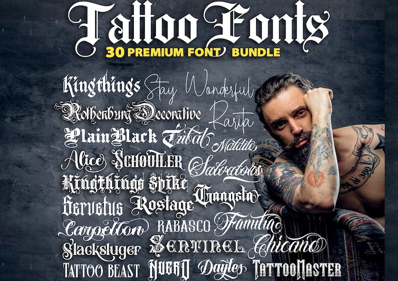 30 Premium Tattoo Fonts Bundle, Procreate Font, Custom Tattoo Designs, Black Letter Calligraphy, Photoshop Font, Cricut Tattoo Lettering image 1