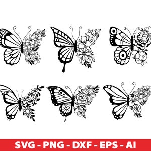 Floral Schmetterlinge Bundle SVG, Schmetterling Clipart, Blume Schmetterling SVG-Dateien für Cricut Silhouette, Png, Eps, Dxf