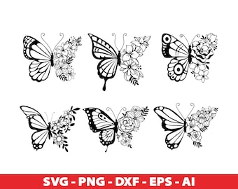 Floral Butterflies Bundle SVG, Butterfly Clipart, Flower Butterfly Svg files for Cricut Silhouette, Png, Eps, Dxf