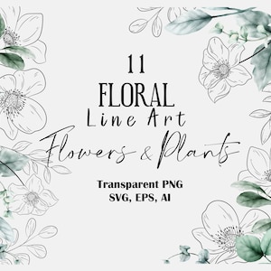 Floral Line Art SVG, Botanische Line Art Clipart, Hand getrokken Vector bloemen en planten, Line Art SVG, Bruiloft Bloemen Vector Png Eps