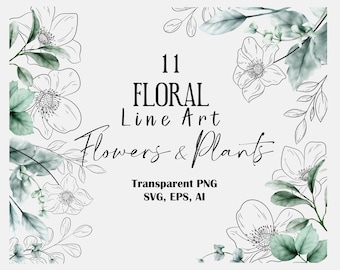 Floral Line Art SVG, Botanical Line Art Clipart, Hand Drawn Vector Flowers and Plants, Line Art SVG, Wedding Flowers Vector Png Eps