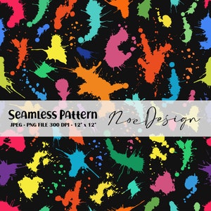 May include: A seamless pattern featuring colorful paint splatters on a black background. The pattern is 12 inches by 12 inches and is available in JPEG and PNG formats at 300 DPI.