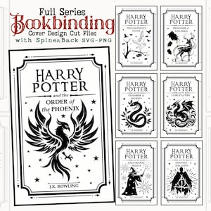 Peut inclure: Ensemble de fichiers de découpe pour la reliure de livres Harry Potter en noir et blanc. L'image présente les couvertures de plusieurs livres de la série, avec des illustrations de créatures magiques, dont un phénix.