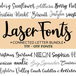Puede incluir: Imagen que muestra varias fuentes cursivas, incluyendo "Laser Fonts" en una escritura conectada y en negrita. El texto "CONNECTED LETTER BUNDLE" y "TTF - OTF FONTS" también se muestran. El fondo es de color beige claro.