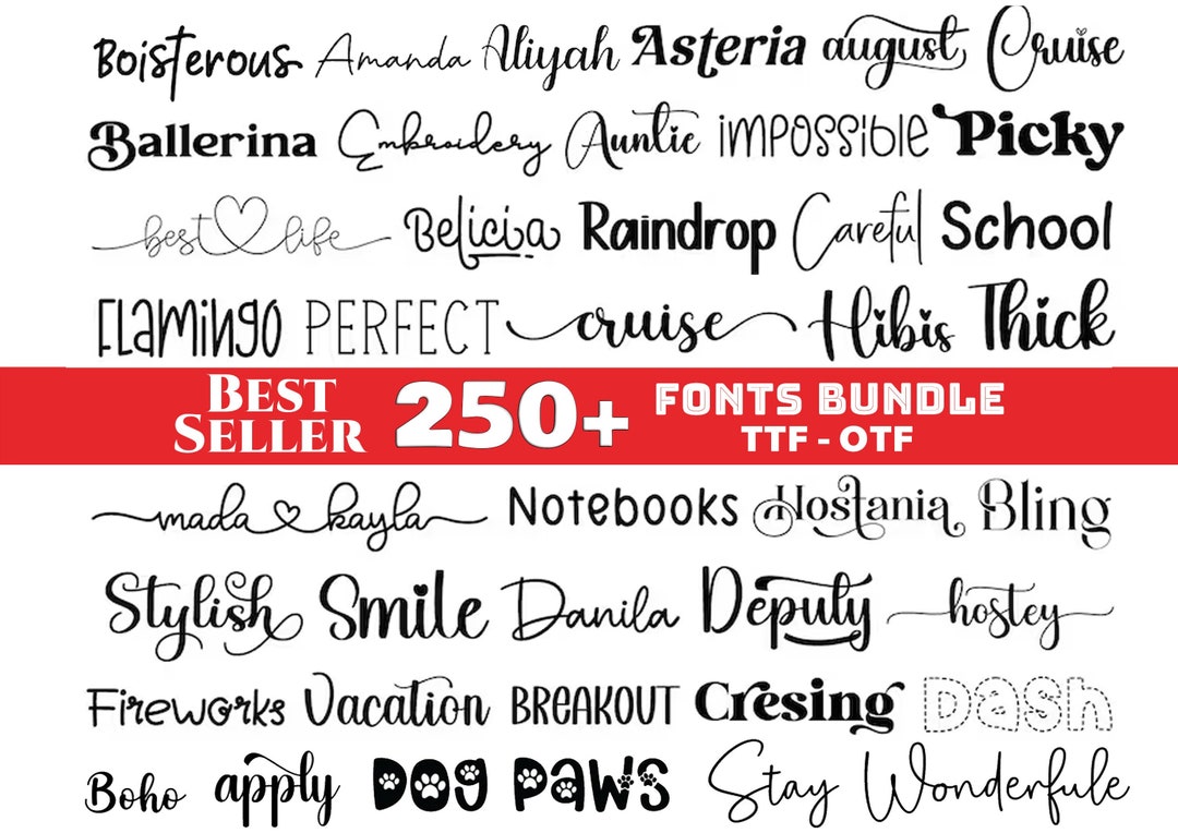 The Ultimate 250 Fonts, Font Bundle, Cursive Font Bundle, Script Fonts, Canva Font, Commer