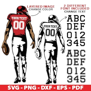 Angepasster Fußballspieler SVG, geschichteter Fußballspieler Png, Fußballtrikot Anpassen Name Nummer Spieler, Schrift inklusive