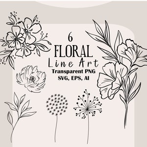 Arte de linha floral SVG, contorno de flor clipart, flores vetoriais desenhadas à mão, clipart botânico, arquivo de corte de modelo de casamento, flor png, eps