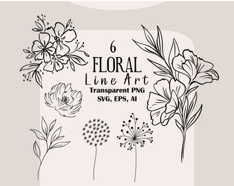 Floral Line Art SVG, Outline Flower Clipart, Hand Drawn Vector Flowers, Botanical Clipart, Wedding Template Cut File, Flower Png, Eps