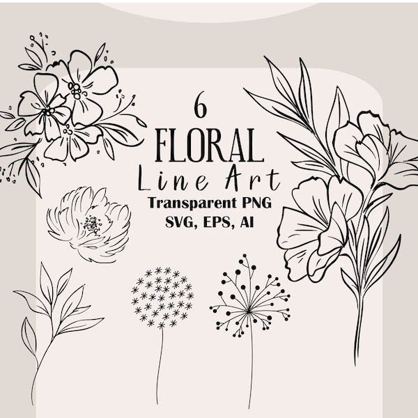 Floral Line Art SVG, Outline Flower Clipart, Hand Drawn Vector Flowers, Botanical Clipart, Wedding Template Cut File, Flower Png, Eps