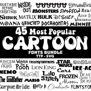 Cartoon lettertypebundel 45 lettertype SVG TTF-lettertype voor Cricut silhouet snijden knutselen cursief Canva-lettertype prinses lettertype digitaal bestand downloaden