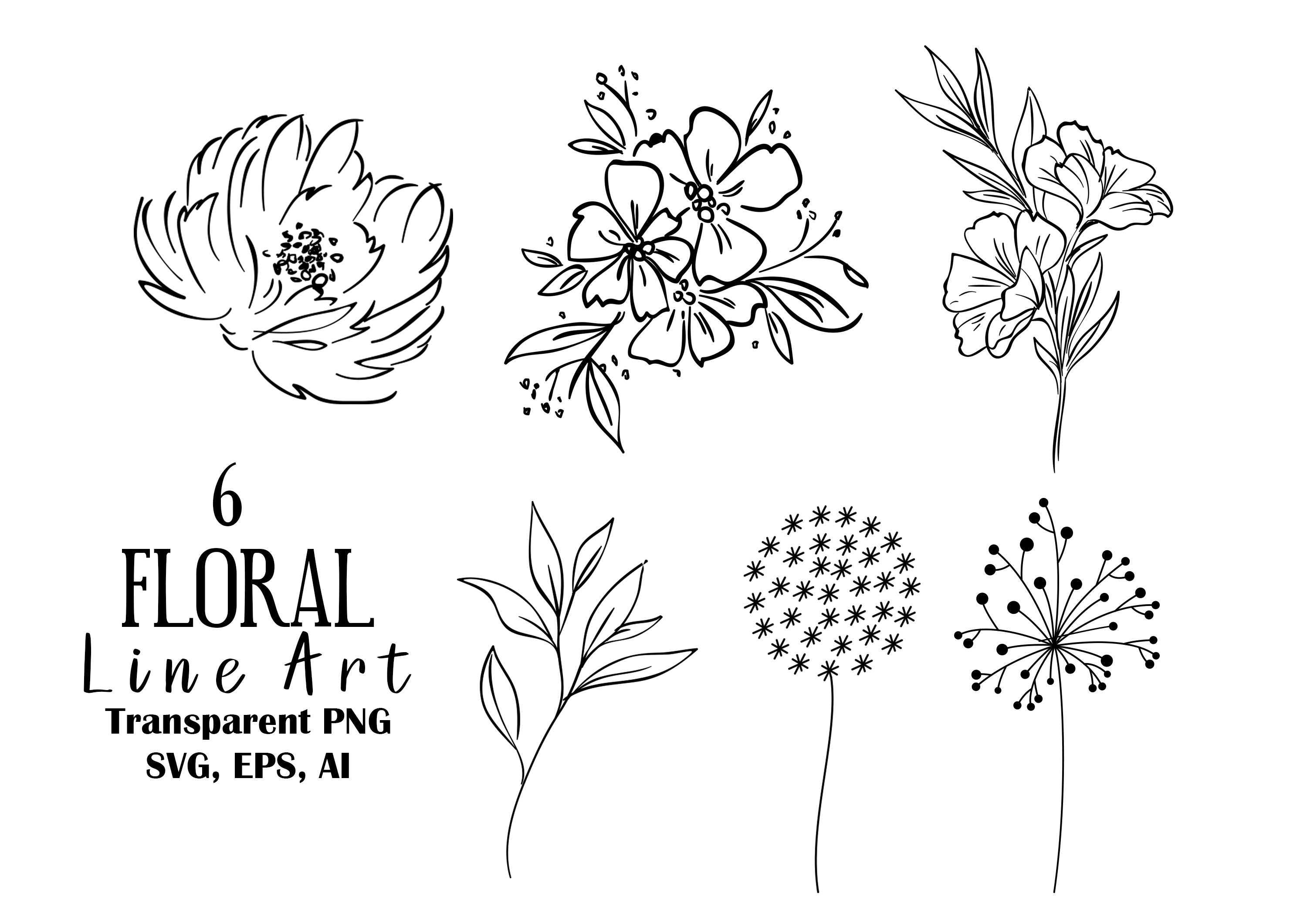 Floral Line Art SVG Outline Flower Clipart Hand Drawn Vector Etsy