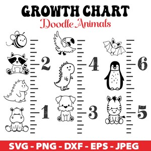 May include: Black and white growth chart featuring doodle animals. The chart includes a bee, raccoon, dinosaur, toucan, bat, penguin, dog, zebra, and hippopotamus. The numbers 1 through 6 are included on the chart.
