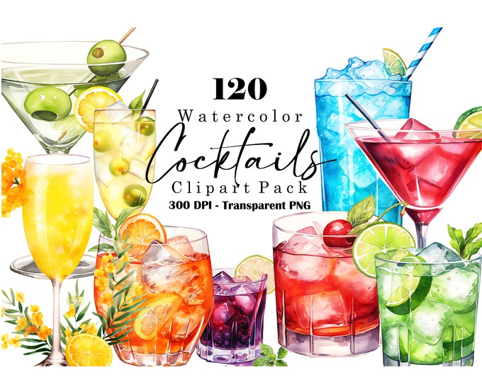 Drinks, Cocktails, Beverages Clipart Set. Black and White Line Art With ...