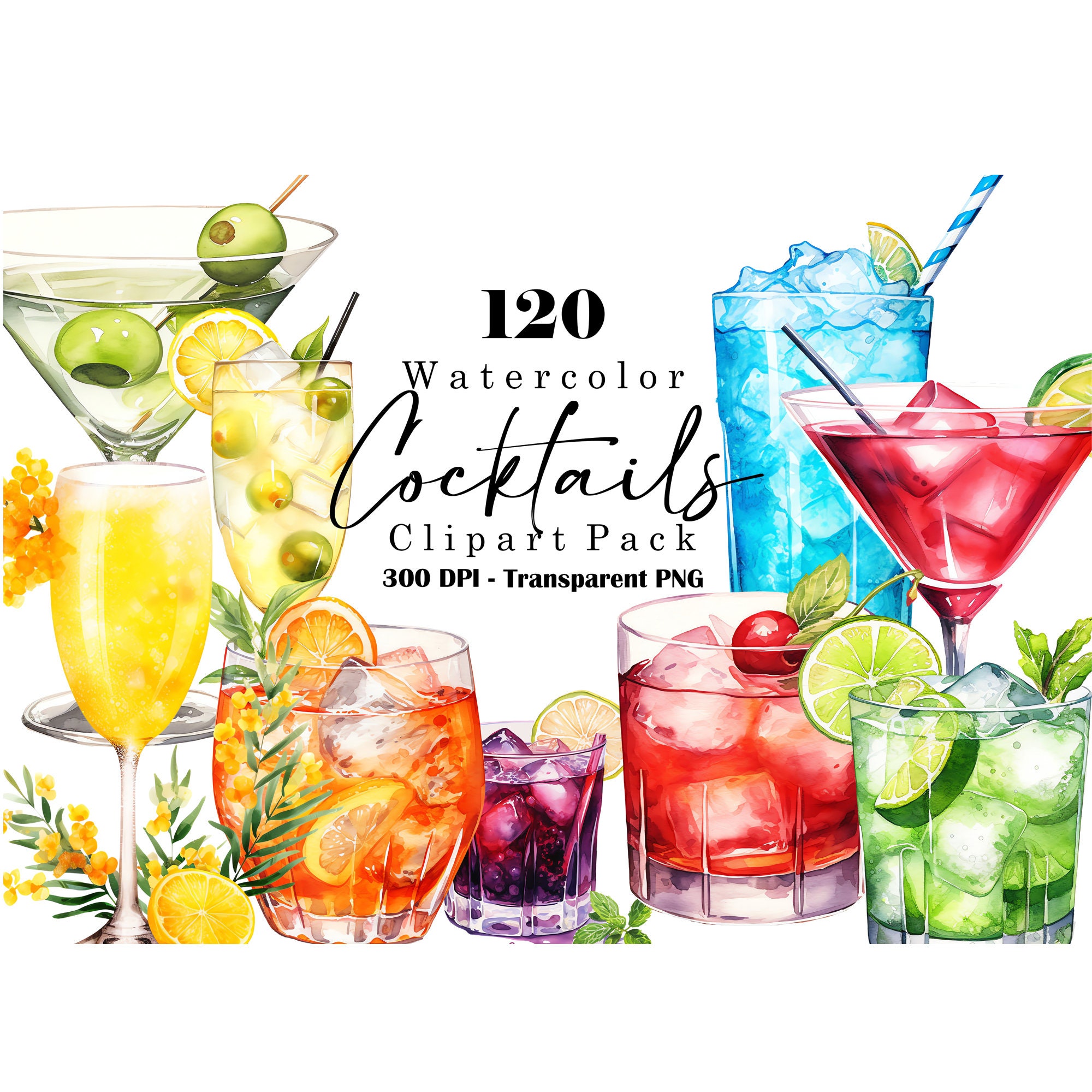 Watercolor Cocktail Clipart Bundle: Summer Drinks PNG (digital Download ...