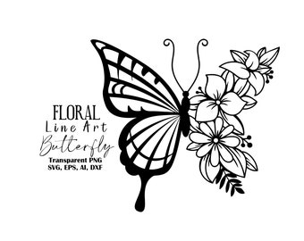 Floral Butterfly SVG, Butterfly Clipart, Flower Line Art Butterfly Svg files for Cricut Silhouette, Png, Eps, Dxf