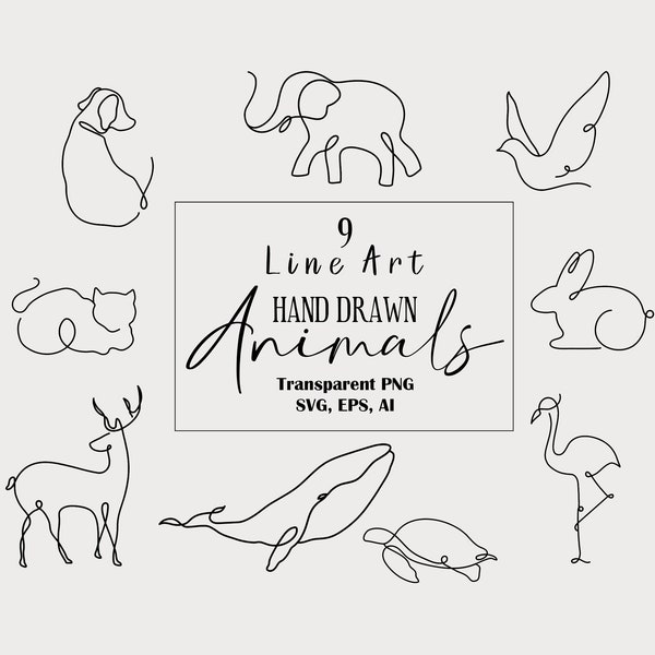 9 Tiere Bundle SVG für geschnittene Datei, minimalistische handgezeichnete Tiere, afrikanische Tiere SVG, Linie Art SVG, Tier Clipart, Png, Eps