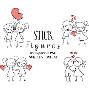 Stick Figuren SVG, Stick Cute Kinder SVG, Liebe SVG, Valentinstag SVG, Cricut und Silhouette Schnittdateien, Eps, Dxf, Png, Liebe Clipart