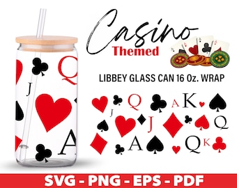Jouer carte costumes Libbey 16 oz peut verre Svg, Poker jeu 16 oz verre bière peut couper des fichiers, fichiers numériques Dxf Eps Png, Cricut, Silhouette