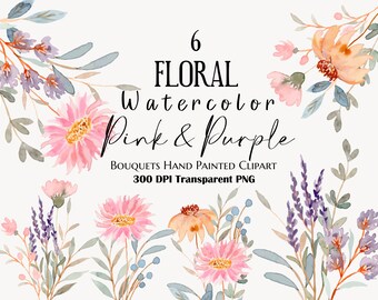 Watercolor Floral Clipart: Pink & Purple Flowers (PNG, AI) (Digital Download)