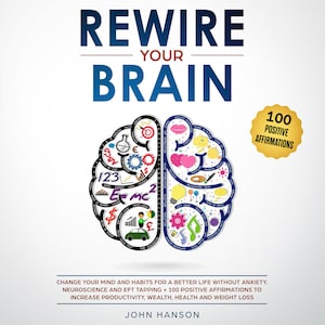 May include: A book cover with a brain illustration and the title "REWIRE YOUR BRAIN". The cover also includes the text "100 POSITIVE AFFIRMATIONS", "EBOOK", and "PDF-EPUB-DOC".