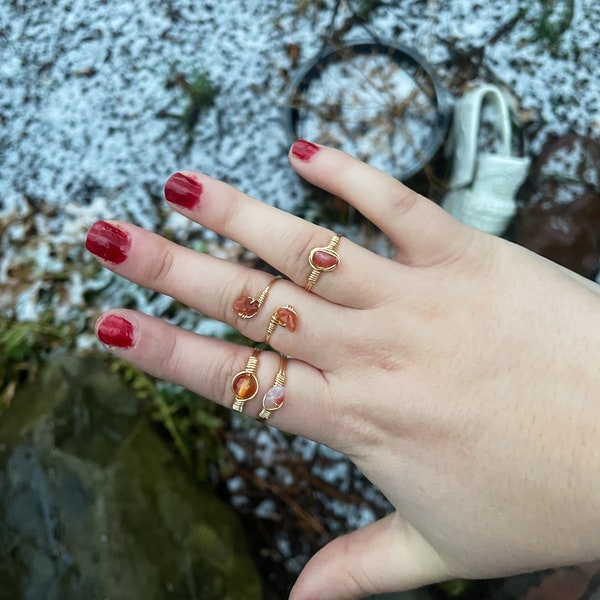 Adjustable wire wrapped Carnelian rings