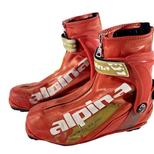 Può includere: Un paio di scarponi da sci Alpine Racing Elite rossi con testo bianco. Gli scarponi hanno una chiusura a zip e cinturini dorati. Il testo "Alpine" e "Racing Elite" è visibile. Realizzati in materiale lucido.