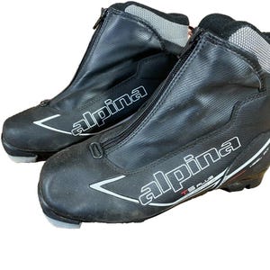 Peut inclure: Paire de chaussures de ski de fond noires avec le nom de la marque "Alpina" en lettres blanches. Les chaussures ont une fermeture éclair sur le devant, un col en mesh gris et une tirette rouge. Le modèle "TS PLUS" est également visible.